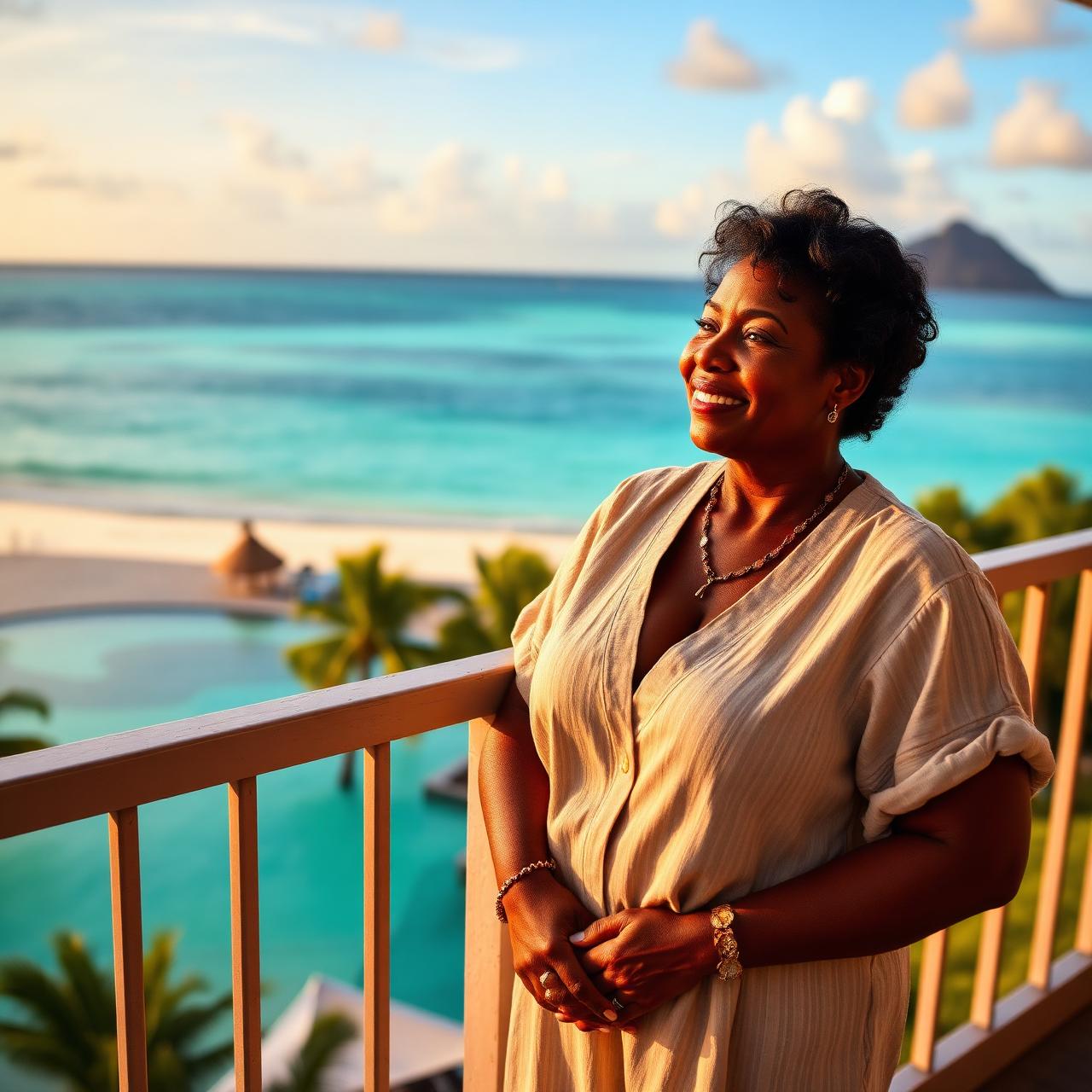 Confident African American professional over 50 imagining early retirement and island life abroad.