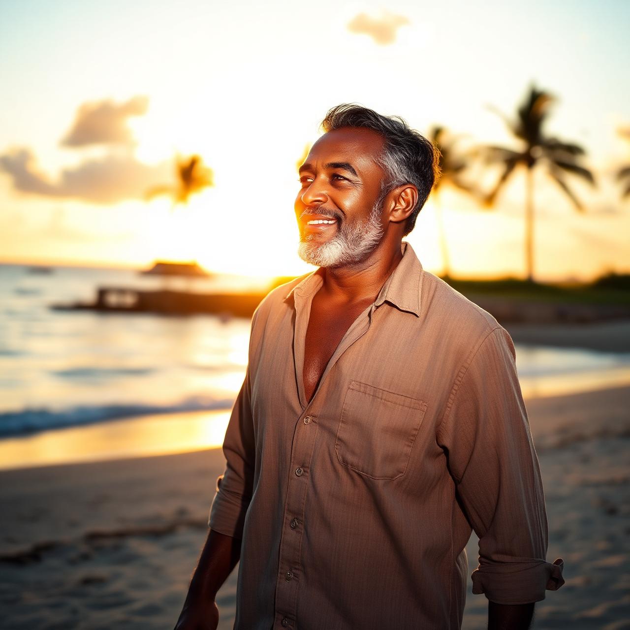 Handsome African American man in his early fifties walking along the beach while reflecting on early retirement, clarity, and life abroad.